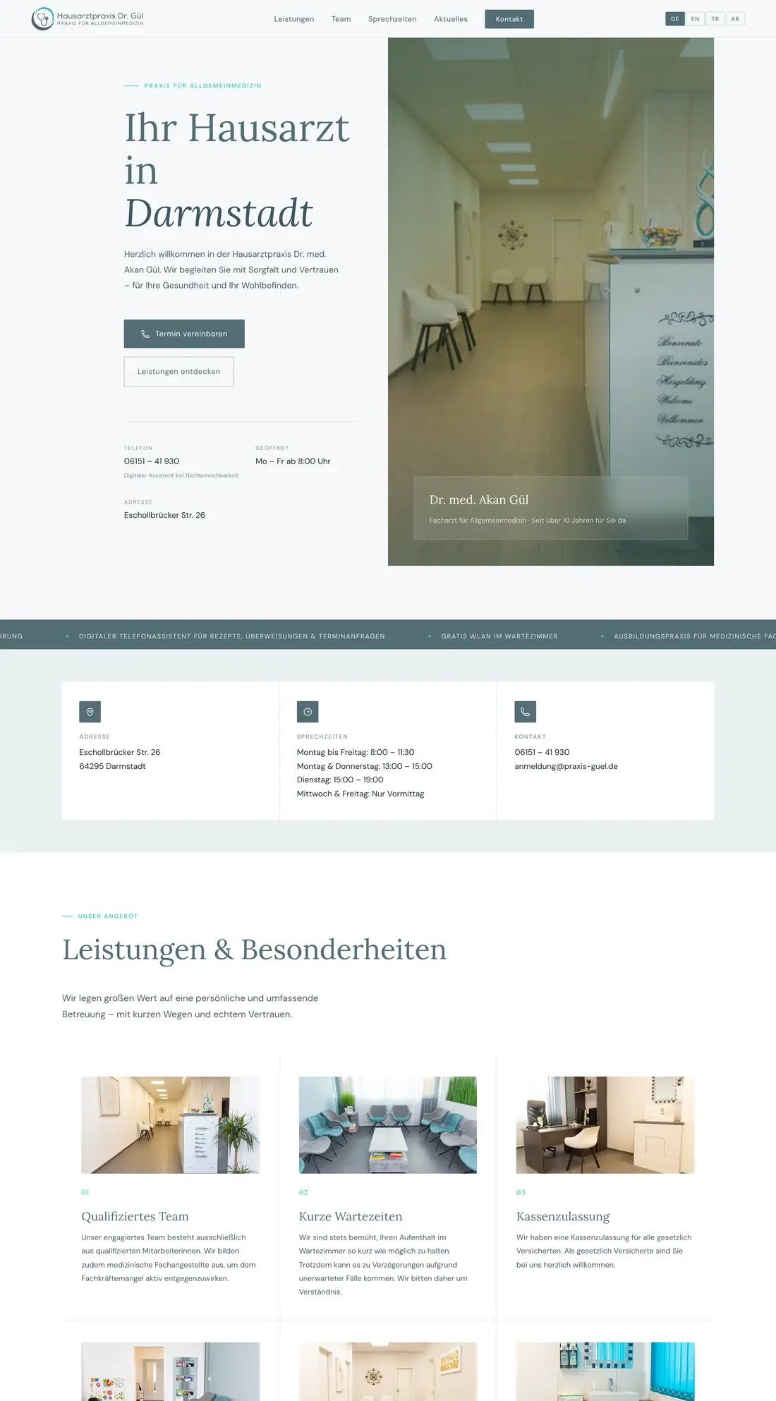 Startseite von praxis-guel.de mit Sprachwahl