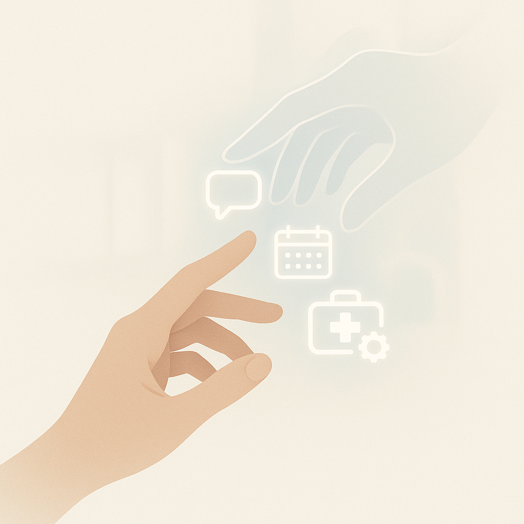 Ein minimalistisches Bild, das eine menschliche Hand darstellt, die eine weitere, leicht transparent gehaltene Hand berührt oder überlappt. Zwischen den Händen schwebende, leuchtende Symbole digitaler Interaktion zu sehen: Ein Nachrichten-Blasen-Icon für Kommunikation. Ein Kalender-Icon für Terminplanung. Ein Medizinischer Koffer-Icon mit einem WLAN-Symbol oder einem Zahnrad.