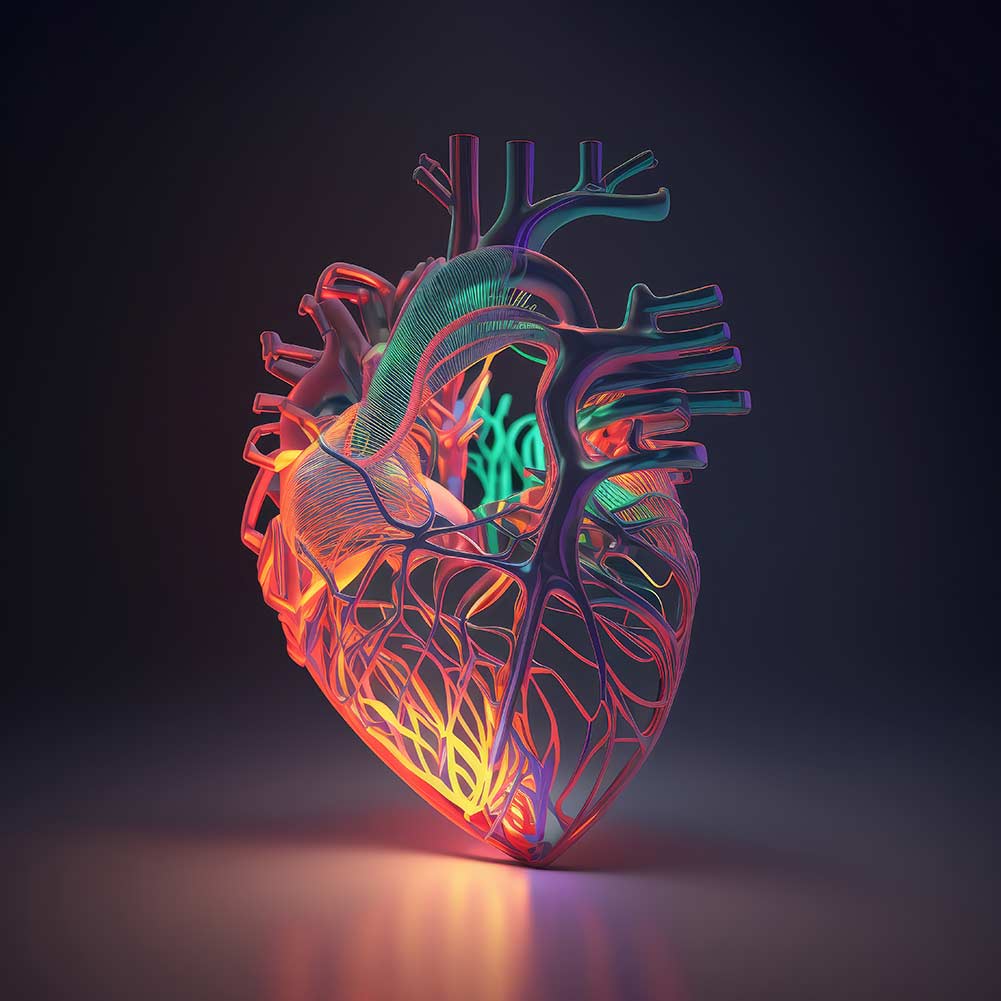 Detailreiches, farbenfrohes 3D-Modell eines menschlichen Herzens mit neonfarbenen Lichtern, die die verschiedenen Strukturen und Kammern hervorheben.