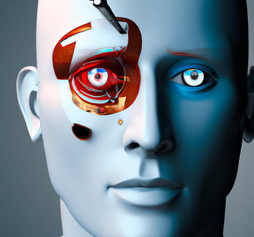 Eine digitale Darstellung eines menschenähnlichen Gesichts in kühlen Blautönen. Ein Auge ist offenbart, um komplexe rote und metallische mechanische Teile im Inneren zu zeigen, was auf die Integration von Technologie und Künstlicher Intelligenz hinweist.