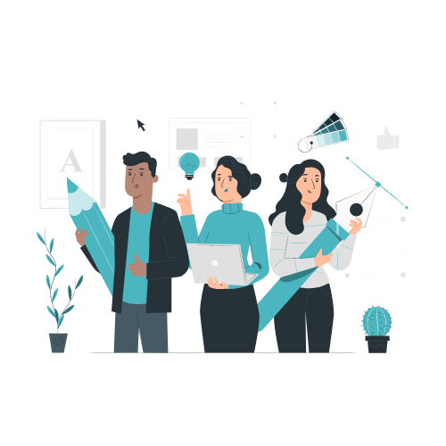 Arztlogo hat welche Vorteile Welche Vorteile hat ein Arztlogo? Zu sehen ist eine Illustration mit zwei Designerinnen und einem Designer. Diese stehen nebeneinander.