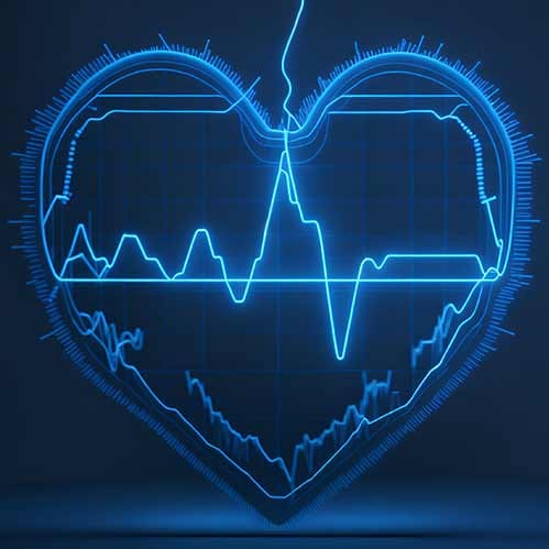 Ein modernes EKG-Gerät mit komplexen Wellenlinien auf dem Bildschirm und nebenan ein künstliches neuronales Netzwerk.