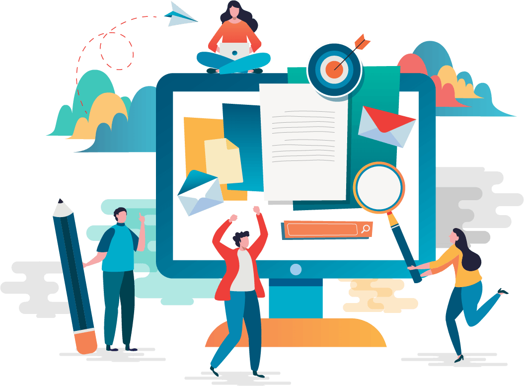 Illustration: vielseitige digitale Praxiskommunikation rund um einen großen Monitor