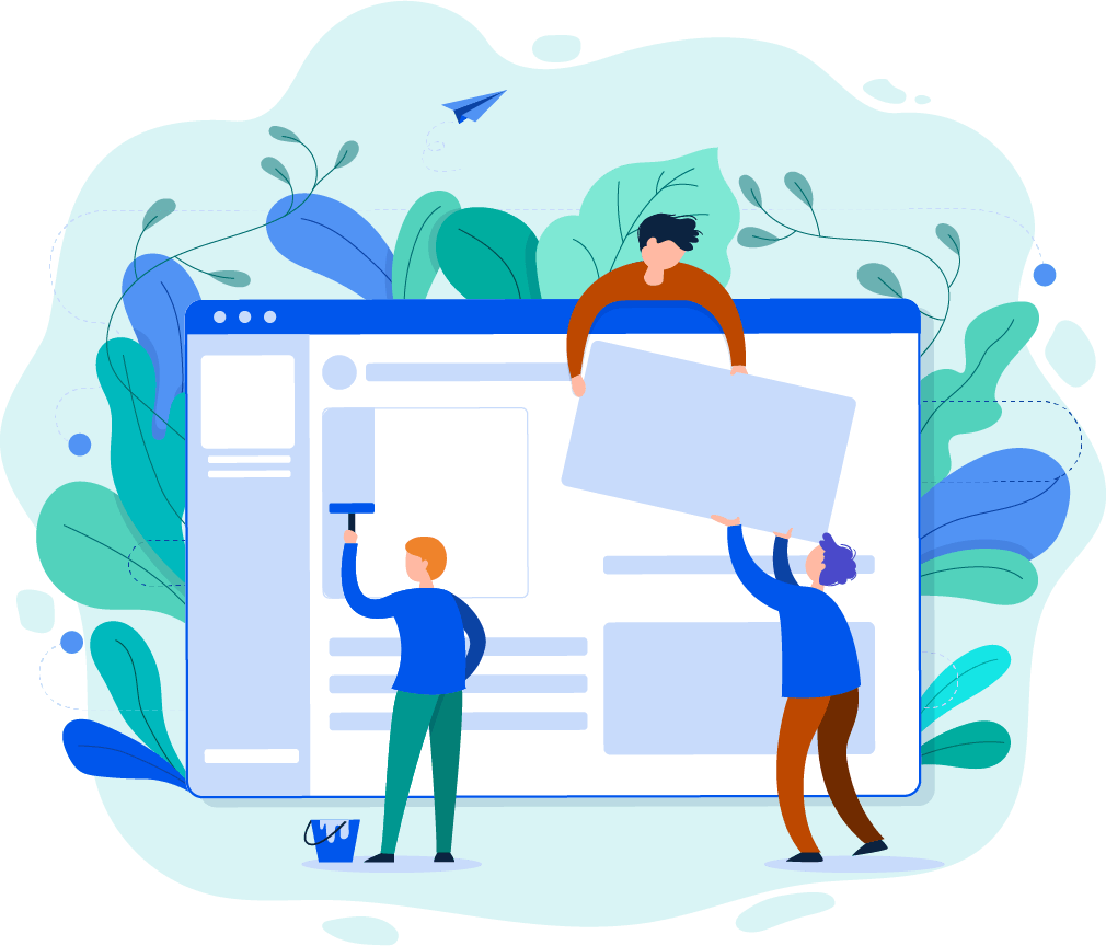 Unsere Experten arbeiten gemeinsam daran, Ihre Praxiswebsite professionell und benutzerfreundlich zu gestalten. Mit einem Auge für Design und Funktionalität entwickeln wir ein Layout, das Ihre Patienten optimal anspricht und leicht navigierbar ist. Unsere maßgeschneiderten Lösungen sorgen dafür, dass Ihre Online-Präsenz den hohen Ansprüchen im Gesundheitswesen gerecht wird. Illustration von drei Personen, die gemeinsam an der Gestaltung einer Website arbeiten. Eine Person hält eine große Bildfläche, eine andere malt mit einem Pinsel Details auf die Seite, während die dritte Person das Layout anpasst. Im Hintergrund sind große Blätter und Formen zur Dekoration sichtbar.