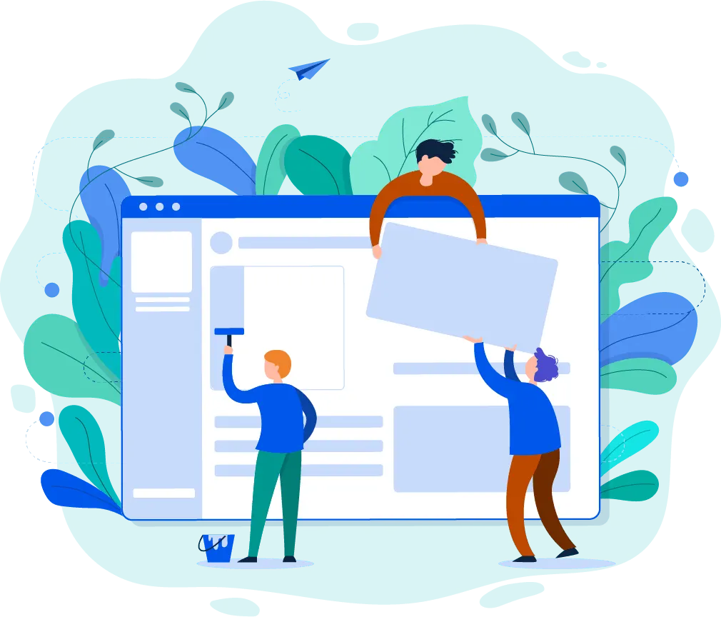 Unsere Experten arbeiten gemeinsam daran, Ihre Praxiswebsite professionell und benutzerfreundlich zu gestalten. Mit einem Auge für Design und Funktionalität entwickeln wir ein Layout, das Ihre Patienten optimal anspricht und leicht navigierbar ist. Unsere maßgeschneiderten Lösungen sorgen dafür, dass Ihre Online-Präsenz den hohen Ansprüchen im Gesundheitswesen gerecht wird. Illustration von drei Personen, die gemeinsam an der Gestaltung einer Website arbeiten. Eine Person hält eine große Bildfläche, eine andere malt mit einem Pinsel Details auf die Seite, während die dritte Person das Layout anpasst. Im Hintergrund sind große Blätter und Formen zur Dekoration sichtbar.