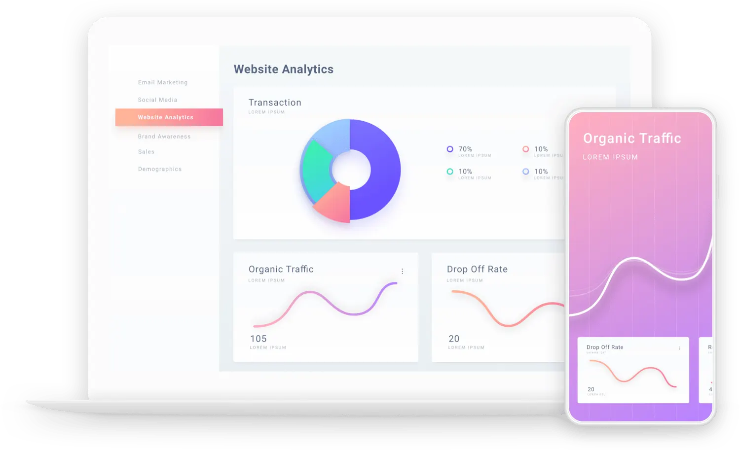 Digitale Praxiskommunikation, Analyse und Optimierung Laptop- und Smartphone-Ansicht von Website-Analytics-Daten, Symbol für digitale Praxiskommunikation.