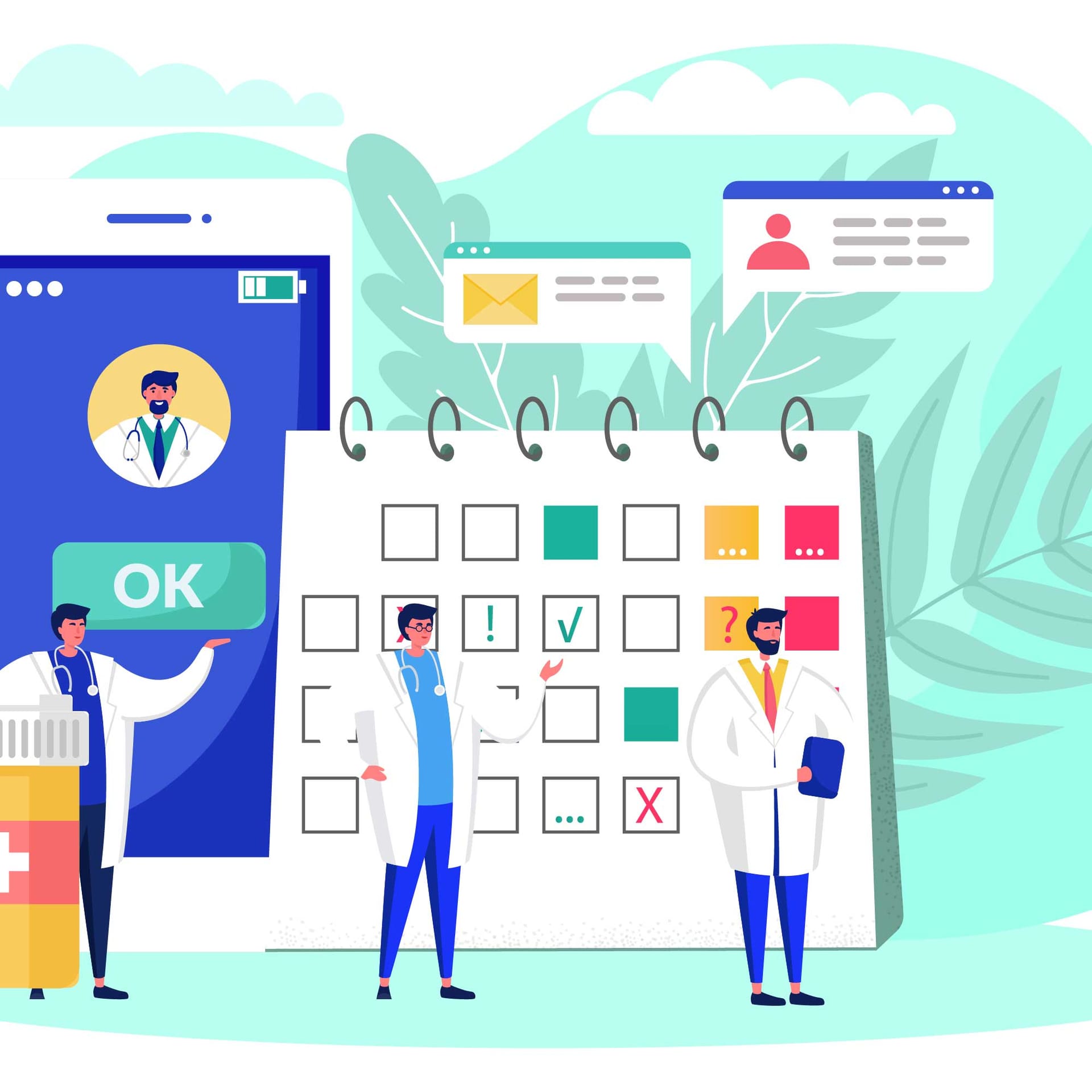 a group of doctors standing next to a calendar