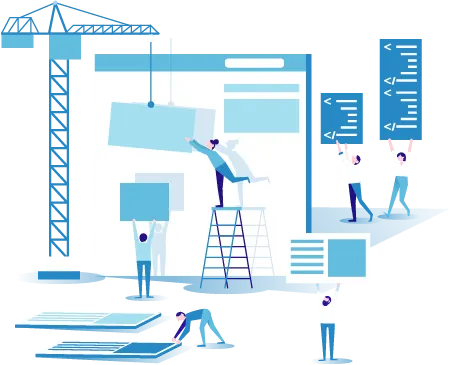 Das Webdesign einer Arztpraxis muss für Smartphones optimiert sein. Animierte Grafik: kleine Menschen basteln eine Homepage. Darstellung des Aufbaus einer Webseite.